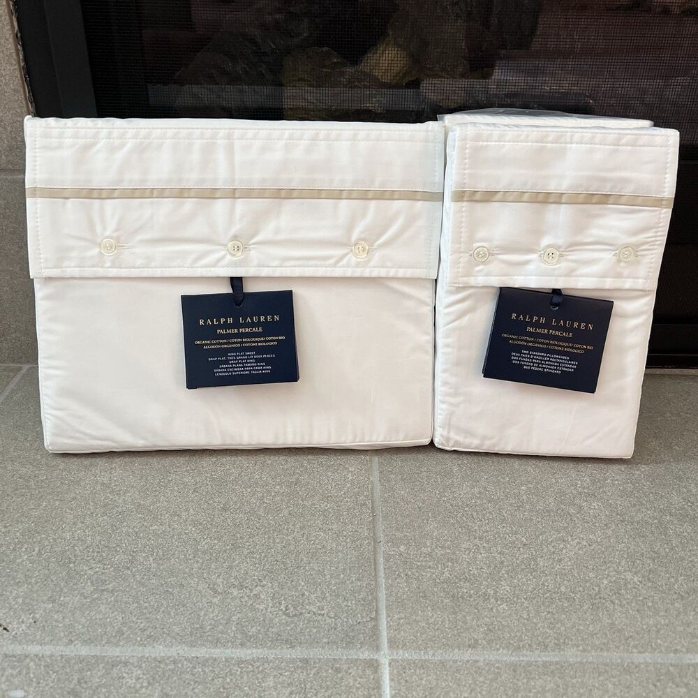 Ralph Lauren King Flat Sheet Stand Pillow Case Organic Cotton Palmer Sand Dune